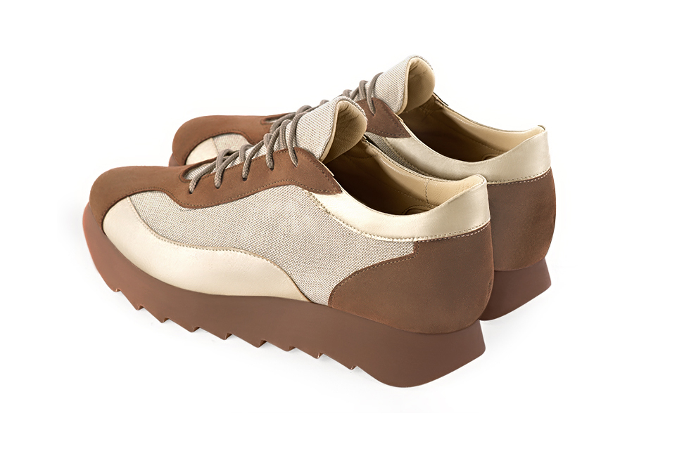 Chocolate brown and gold women's two-tone elegant sneakers. Round toe. Low rubber soles. Rear view - Florence KOOIJMAN